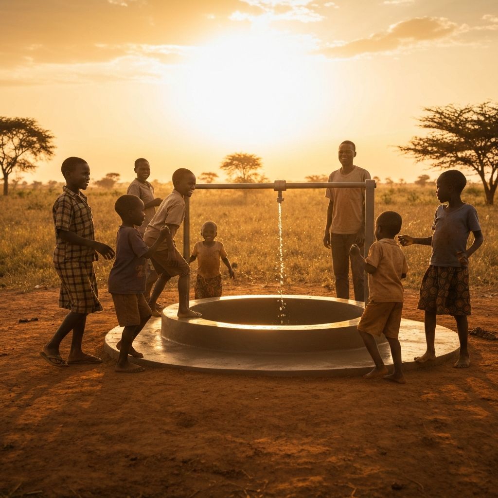 African community members smiling near a clean water well